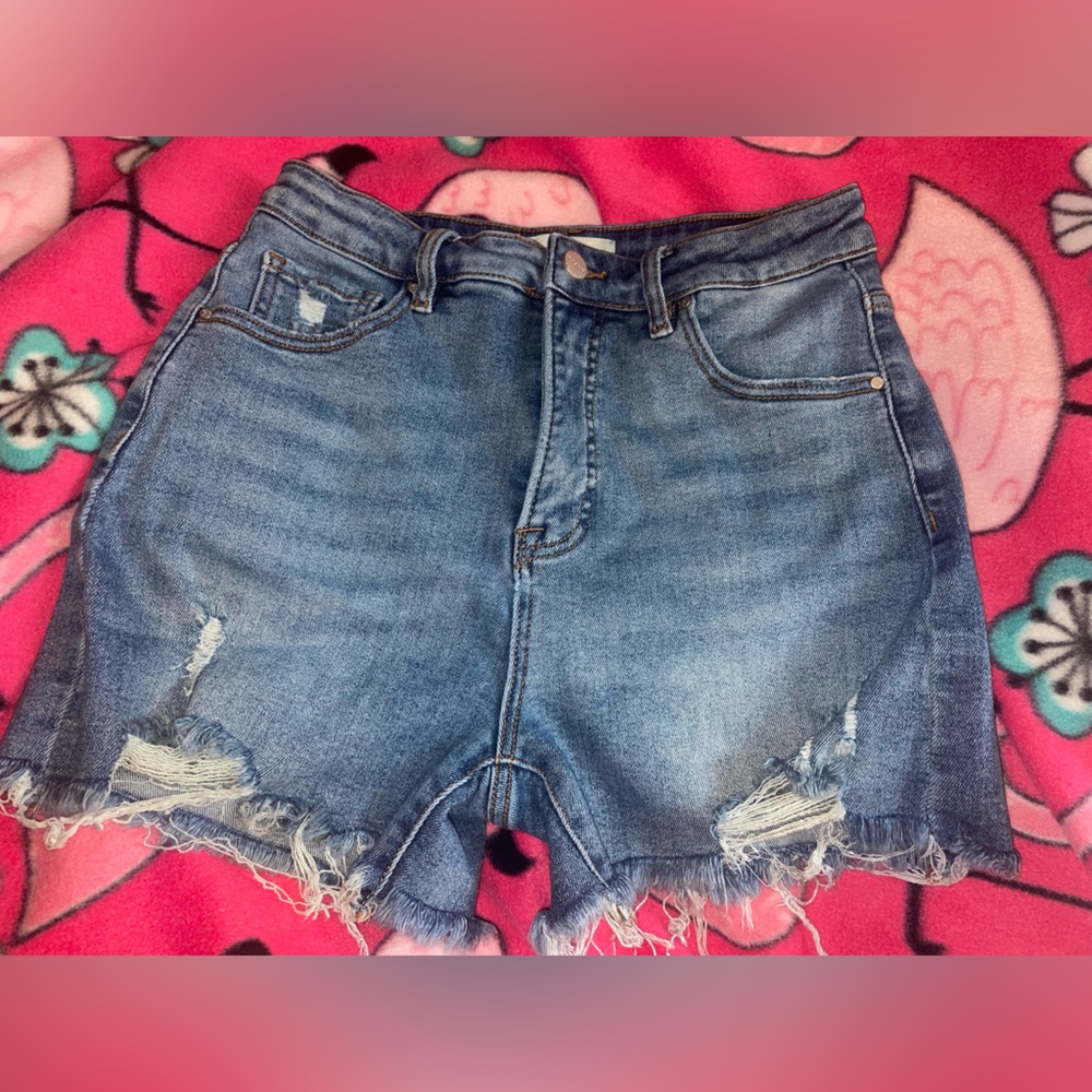 High-Waist Distressed Denim Shorts — Blue